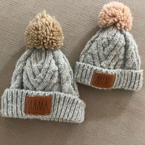 Cozy Gray Knit Pom-Pom Beanie Set for mama and mini